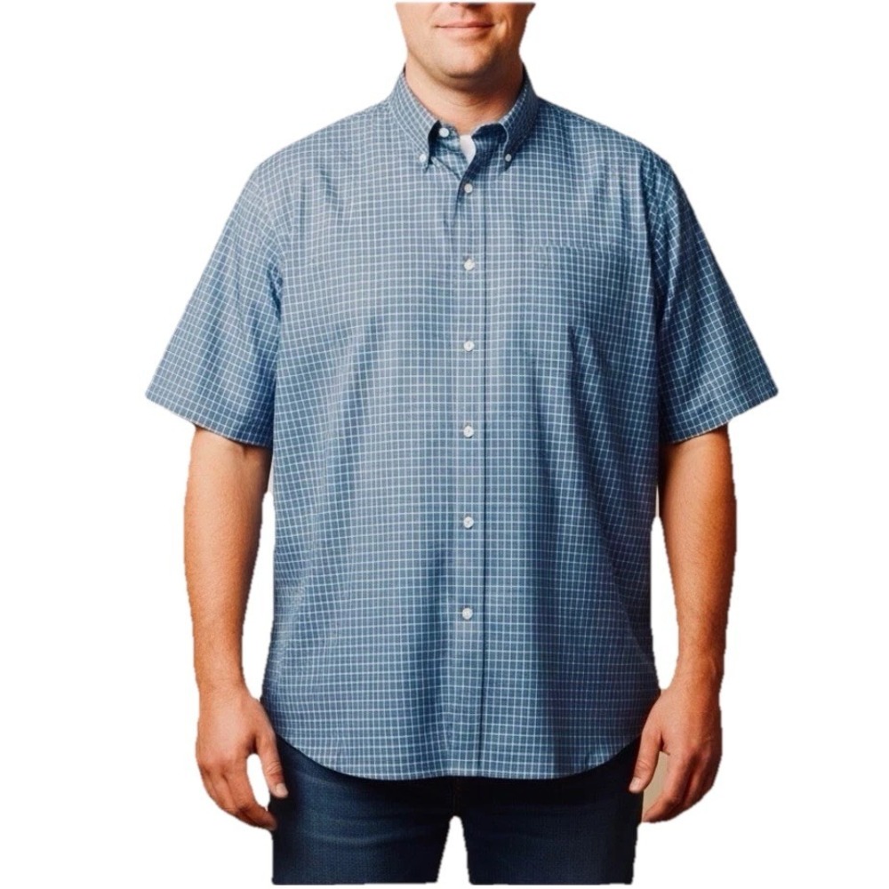 LL Bean Blue Check Sport‎ Wrinkle Free Button Up Short Sleeve Shirt 2X TALL